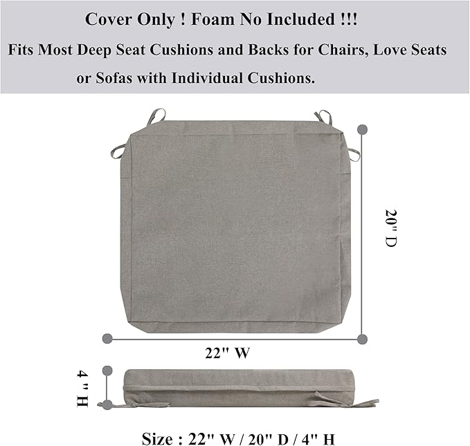 FUNHOME Patio Cushion Covers 22 x 20 x 4 Inch, No Insert! 2 Pack Water Repellent Outdoor Chair Seat Cushion Slip Covers with Zipper and Tie, Replacement Cover Only(Beige Coffee)