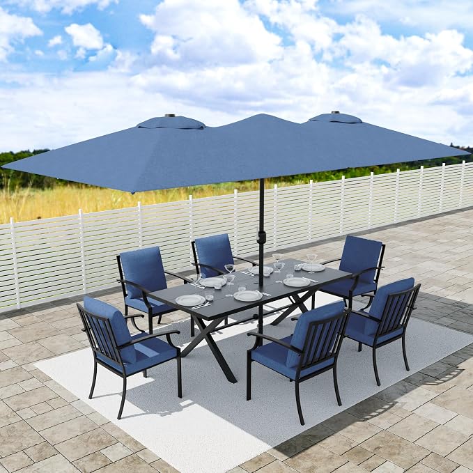 8 PCS Outdoor Patio Dining Set with 13.6ft Double-Sided Patio Umbrella,Patio Table and Chairs Metal Outdoor Patio Furniture Set,Dining Table Set with 6 Chairs,Navy Blue