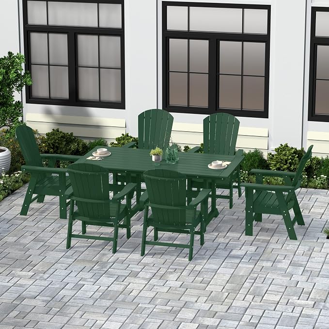 WestinTrends Dylan Adirondack Outdoor Dining Set for 6, All Weather Poly Lumber Patio Table and Chairs Set of 6, 71" Trestle Outdoor Table and Seashell Adirondack Dining Chair, Dark Green