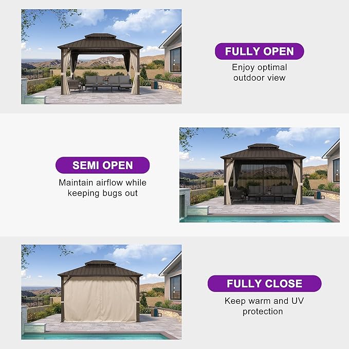 PURPLE LEAF 8’ X 10’ Outdoor Hardtop Gazebo Metal Frame Galvanized Steel Double Roof with Curtains and Nettings for Patio Desk Backyard Bronze