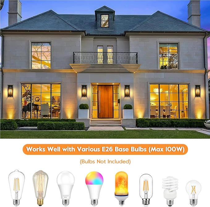 Outdoor Wall Light Fixtures, Modern Black Porch Wall Lanterns | Waterproof Construction & Durable Metal, Rust-Resistant, Quick & Easy Installation, Ripple Glass Shades & Standard E26 Socket