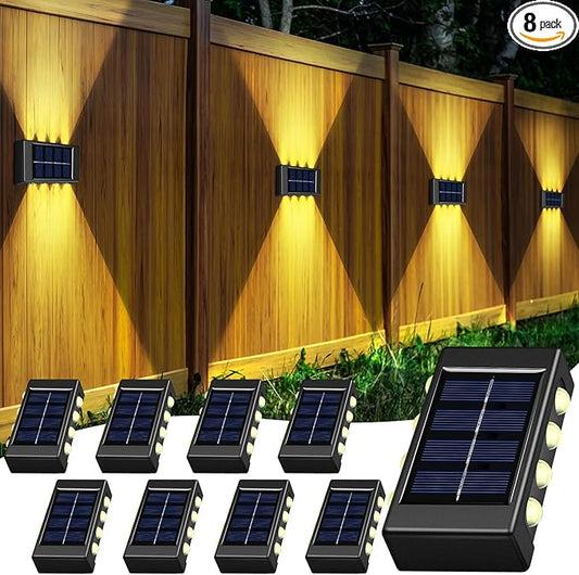 Rossesay 8 Pack Solar Wall Lights for Outside 3000K Warm Solar Fence Lights Up and Down Autumn LED Outdoor Decorative Waterproof Lamps Dusk to Dawn LED Lighting Wall Sconces for Outside Deck Garage
