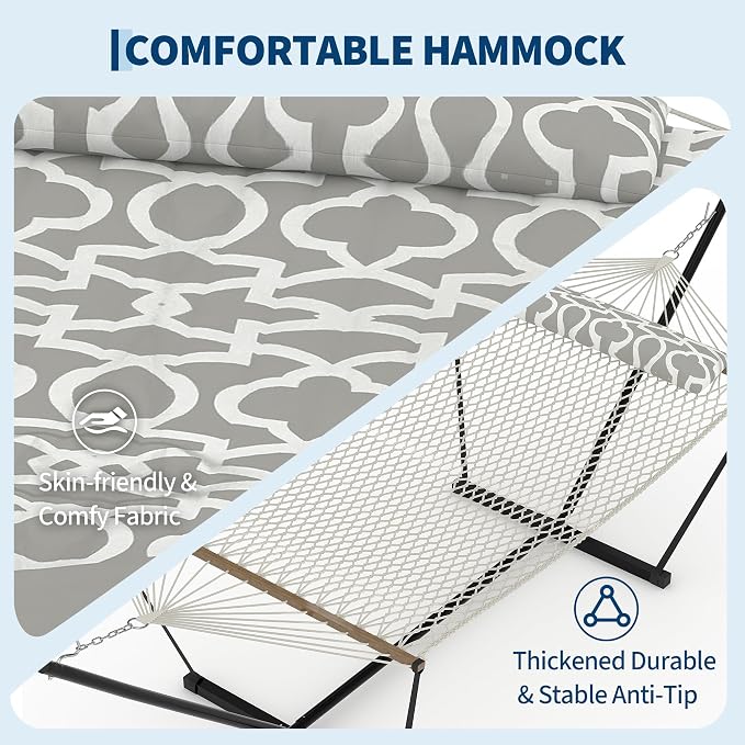 Grey 2 Person Hammock with Stand, 2 Person Hammock with Pillow, 450 LBS Capacity Heavy Duty Steel Stand, Freestanding Hammock for Patio, Backyard, Outdoor