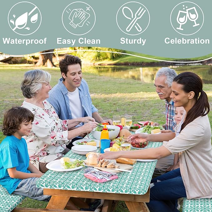 misaya Picnic Table Cover with Bench Cover, Waterproof Elastic Fitted Tablecloth for 6 Foot Tables, Rectangle Washable Polyester Tablecloths for Picnic, Camping, Outdoor (Teal, 30" x 72")