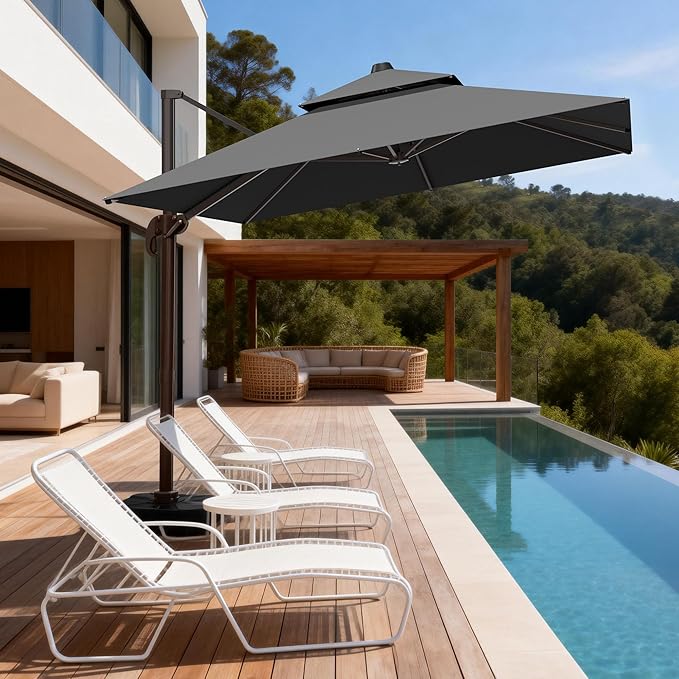 10x10Ft Patio Umbrella Outdoor Cantilever Rectangle Umbrella, 6-Level Tilt & 360° Rotation Offset Umbrella for Garden, Deck, Pool(Grey)