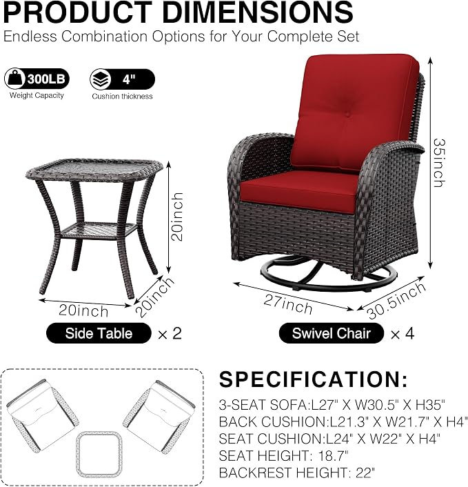 Joyside Wicker Patio Furniture Set, 6 Piece Outdoor Furniture Set with Thickened Cushions, High Back, Deep Seating, Wide Armrest, Outdoor Swivel Rocker Chairs for Porch, Deck