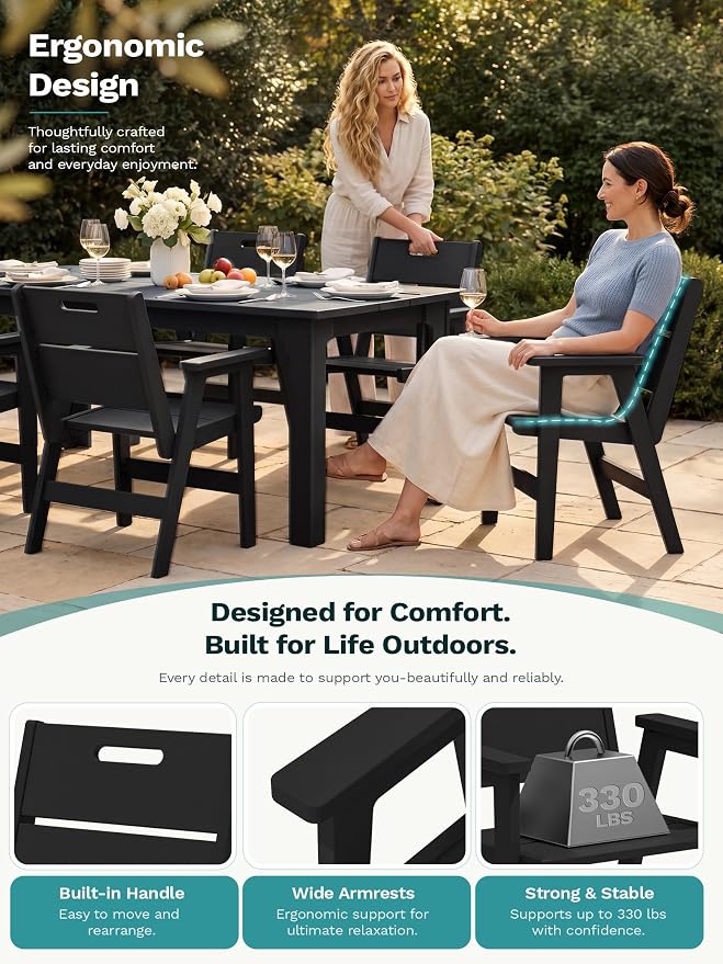 SERWALL 7-Piece HDPE Outdoor Patio Dining Set, All-Weather 76" Rectangular Table with Umbrella Hole & 6 Arm Chairs, Weather Resistant Heavy Duty Outdoor Furniture for Backyard, Deck, Garden, Black