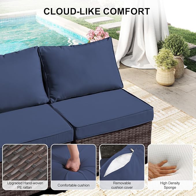 CANMOV 5 Pieces Patio Furniture Sets, All Weather Outdoor Patio Conversation Set, Wicker Rattan Sectional Sofa Couch Glass Coffee Table and Washable Cushions for Backyard Garden, Porch, Navy Blue