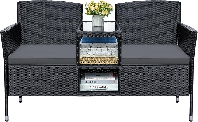 Greesum Patio Loveseat Outdoor Wicker Furniture Conversation Set with Soft Cushions & Built-in Coffee Table for Lawn Garden Backyard, Gray