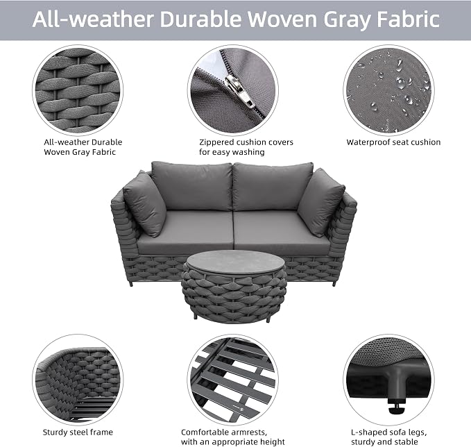 TWT 3 Piece Outdoor Patio Furniture Set, Rope Weave Patio Conversation Sofa with Water Repellent Cushions & Coffee Table,for Backyard Garden Porch Poolside,Dark Grey