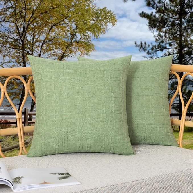 Kevin Textile Outdoor Waterproof 18”x18” Pillow Covers 2 Pack, Sage Green | Water Resistant, Soft Faux Linen-cotton Yarn-dyed Woven Texture Throw Pillow Covers for Tent Patio Garden Couch Sofa