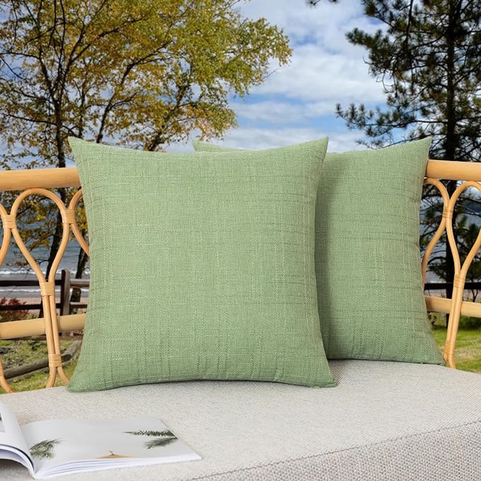 Kevin Textile Outdoor Waterproof 20”x20” Pillow Covers 2 Pack, Sage Green | Water Resistant, Soft Faux Linen-cotton Yarn-dyed Woven Texture Throw Pillow Covers for Tent Patio Garden Couch Sofa