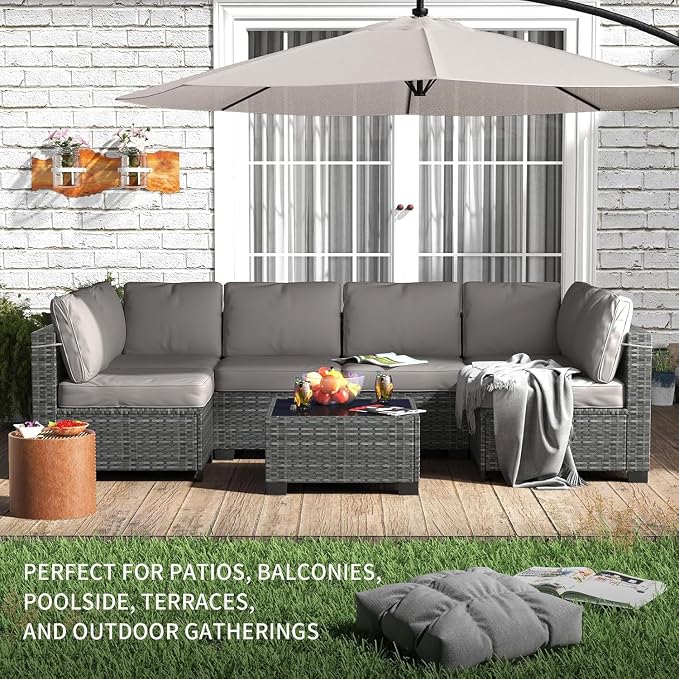 7 Piece Patio Furniture Set, All-Weather PE Wicker Sectional Sofa with Tempered Glass Coffee Table - Outdoor Conversation Set for Poolside, Garden, Porch in Grey + Light Grey