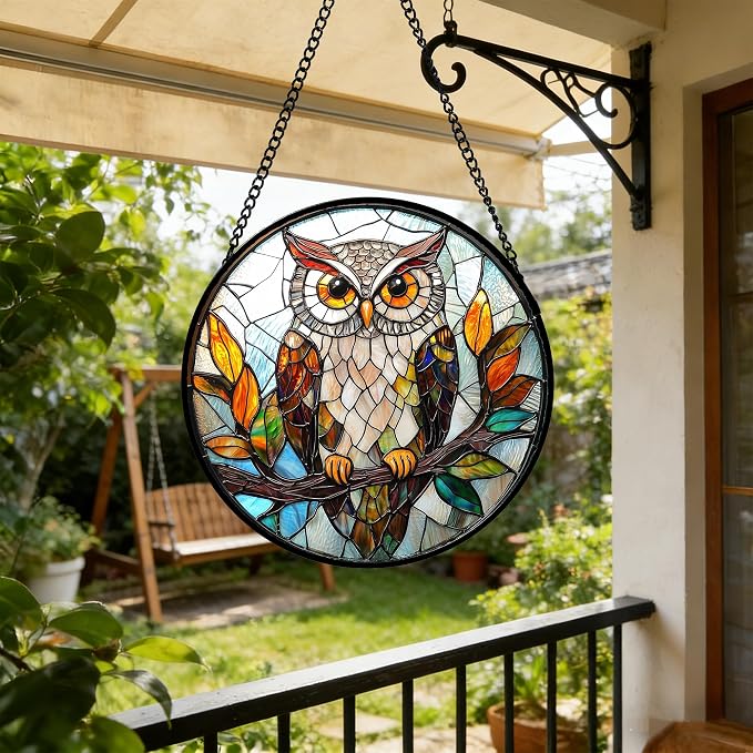 DASTOLL Stained Glass Window Hanging, Owl Colorful Leaves Birds Sun Catchers Diamond Glass Panel Hangings Suncatcher Decor for Birthday for Women, Men, Wife, Aunt, and Mom 11.8x11.8 in