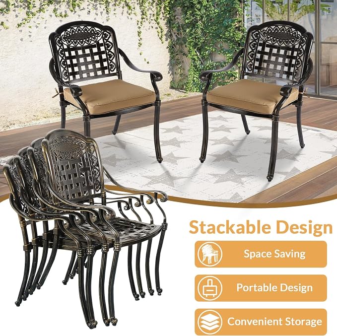 9 Piece Outdoor Patio Dining Set for 8, Cast Aluminium Large Square Dining Table & 2 Swivel Rocker Chairs, 6 Stationary, 8 Cushions, Umbrella Hole, Patio Furniture Set for Garden, Khaki