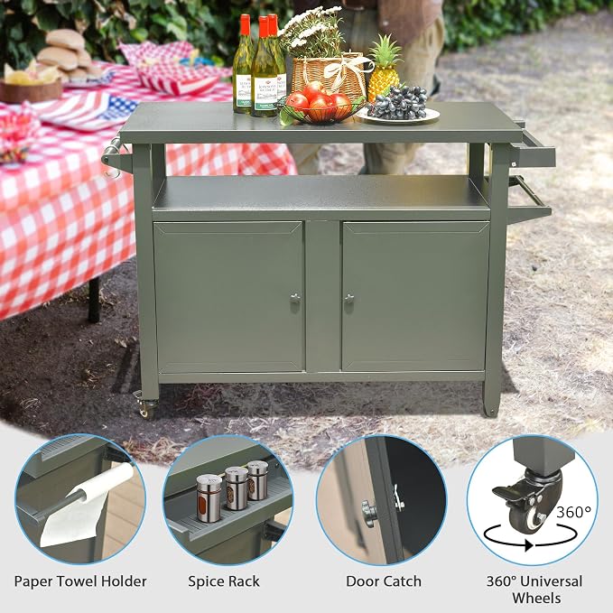 Outdoor Storage Box and Grill Prep Table with Wheels, 83 Gallon Metal Patio Storage Cabinet for BBQ Tools and Garden Gear, Lockable Lid and Side Shelves, 51.67 x 20.31 x 35.51 Inches, Grey