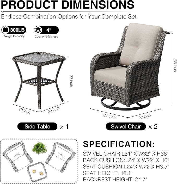 Joyside 3 Piece Wicker Patio Furniture Set, Outdoor Swivel Rocker Patio Chairs with High Back, Deep Seating, Wide Armrest, Thickened Cushions, Outdoor Furniture for Deck, Porch Use