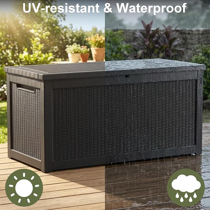 320 Gallon Outdoor Storage Box Waterproof, Lockable Resin Deck Box Large, Patio Storage Bin for Pool Accessories Cushion Furniture, Garden Tools, UV-Resistant Outside Delivery Black