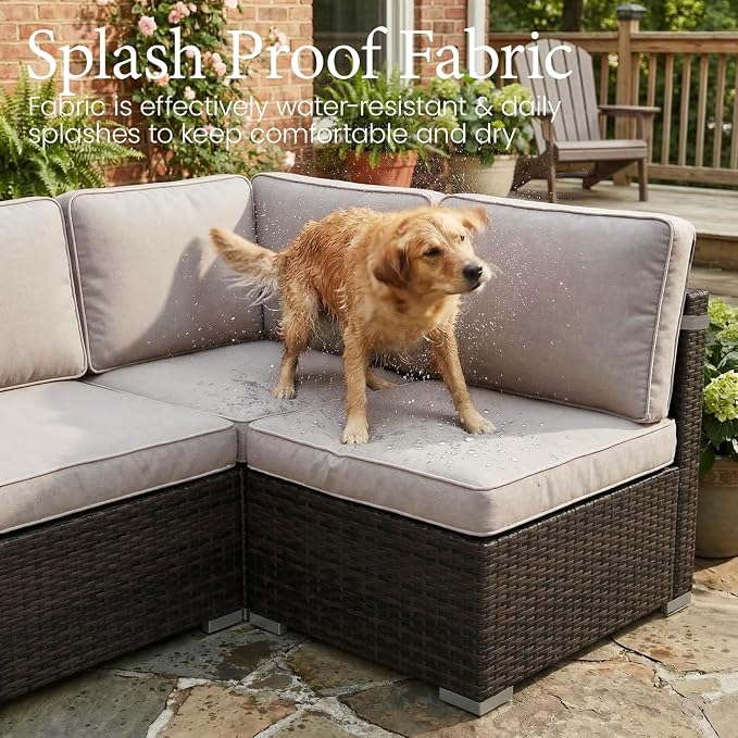 LayinSun 8 Pieces Outdoor Patio Furniture Set with 44" Fire Pit Table Brown Rattan Sectional Sofa Conversation Sets
