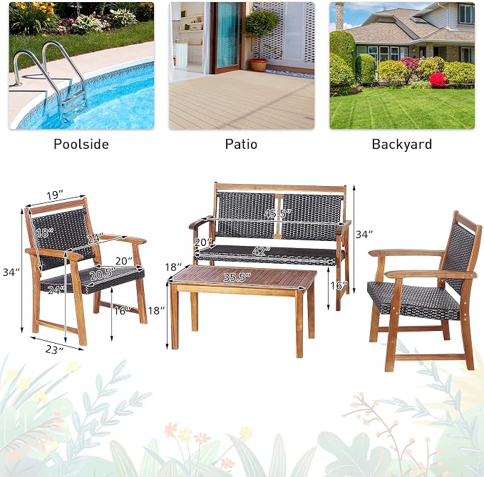 Tangkula 4 Pieces Patio Rattan Conversation Set with Acacia Wood Frame, Patiojoy Outdoor Furniture Set with Chairs & Coffee Table, Sectional Furniture Set for Garden, Backyard, Poolside
