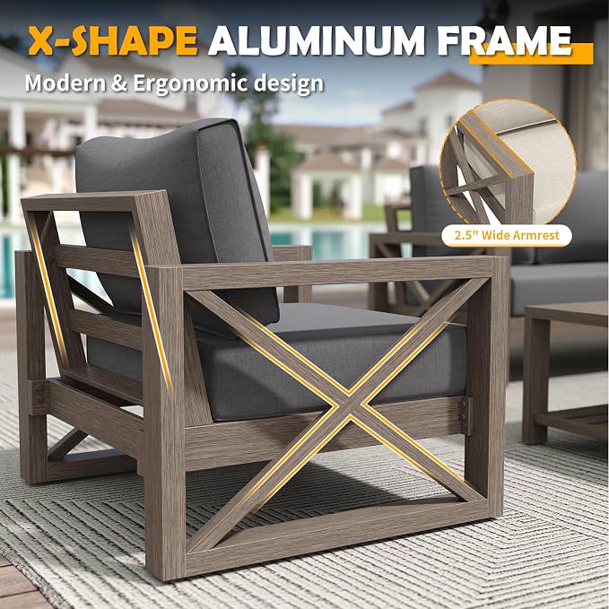 Amopatio Aluminum Patio Furniture Set, 8 Pieces Modern Metal Outdoor Furniture, Faux Wood Grain Finish Frame Patio Sofa Sets with 6" Cushion for Backyard, Dark Grey (Included Waterproof Covers)
