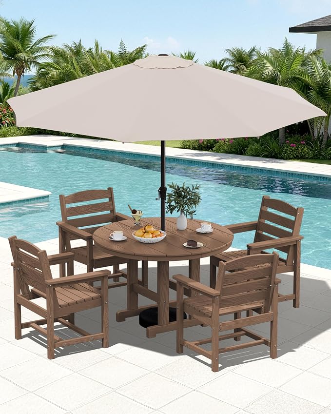 SERWALL 6-Piece Patio Dining Sets, HDPE Outdoor Table and Chairs Furniture Set with Umbrella, 45" Round Dining Table & 4 Dining Chairs & 1 9FT Umbrella, Brown(Not Include Umbrella Base)