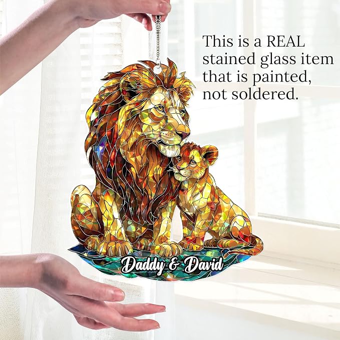 Personalized Lion and Cub Holographic Acrylic Window Hanging Suncatcher Animal Art Decor Gift for Dad Wildlife Lover, Heartfelt Father's Day, Birthday Gift (Lion Dad)