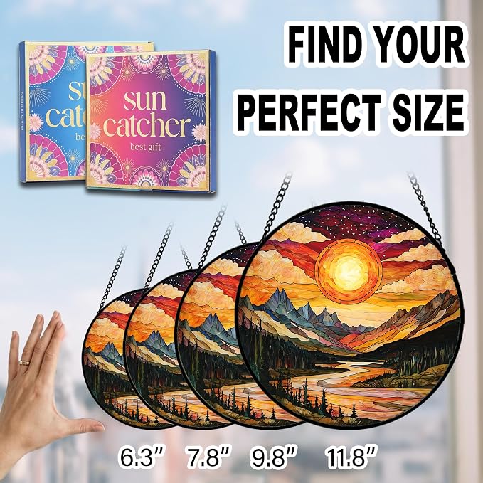 Birthday Gifts for Women - Sunset Mountains River Faux Stained Glass Window Hanging Sun Catcher for Door Garden Acrylic Decor Mother's Day Christmas for Mom Nana Men Grandma Wife 6.3"