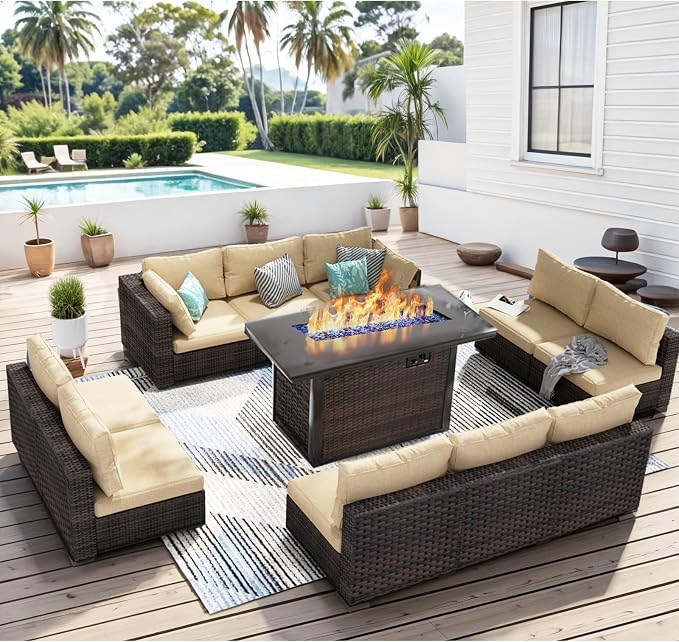 Patio Furniture Set 11 Pieces with 44" Fire Pit Table, Rattan Outdoor Sectional Conversation Sets, All Weather Outdoor Furniture Set with Cushions for Garden Lawn Balcony Porch Deck Beige