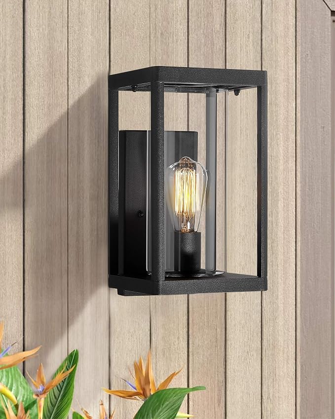 Beionxii Dusk to Dawn Outdoor Wall Sconces, Modern Exterior Porch Light Wall Mount Lantern, Black Cast Aluminum w/Clear Cylinder Glass - A291W-1PK