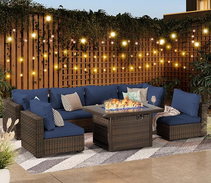 Grezone 9 Piece Patio Furniture Set with 44" Fire Pit Table, Outdoor Sectional Couch, PE Rattan Patio Conversation Sets with 4inch Cushions for Backyard Deep Blue (NY)
