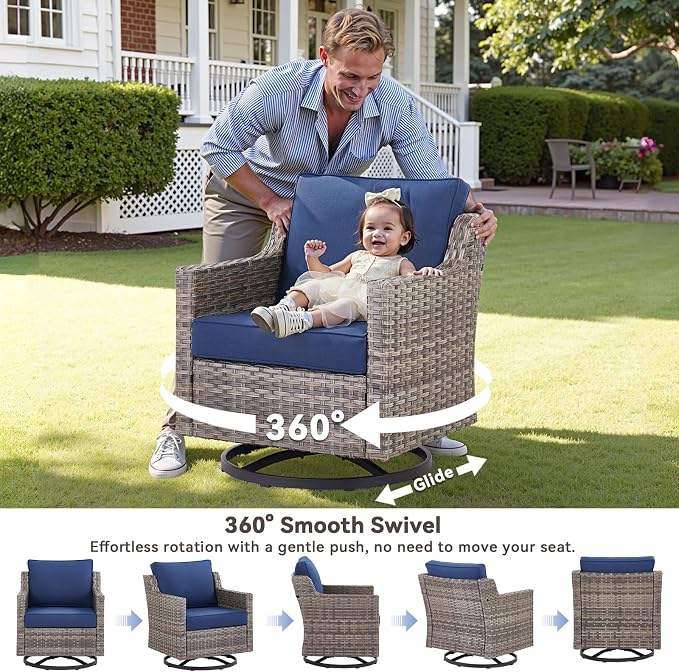 Wicker Patio Furniture Set-9 Pieces All-Weather Wicker Outdoor Furniture with Swivel Patio Chairs Outdoor Patio Conversation Sets for Garden Porch Deck Grey/Blue