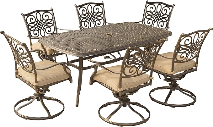 Hanover Traditions 7-Piece Patio Dining Set with 6 Swivel Rocker Chairs, Tan Cushions and Large 38"x72" Dining Table, Outdoor Dining Set for 6, Premium Weather Resistant Patio Furniture