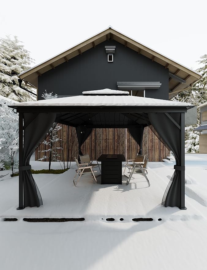 GarveeLife Hardtop Gazebo 12 ft x16 ft for All Weather, with Double Metal Roof, Net, and Curtain, Permanent Building for Patio, Deck, Backyard, Lawn, and Garden