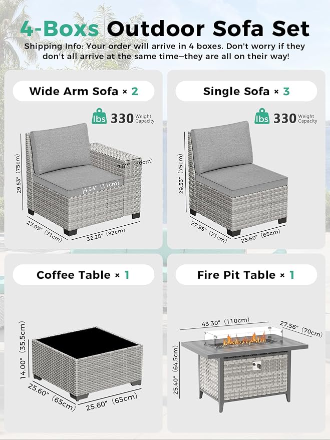 7 Piece Outdoor Wicker Sectional Sofa Set with Fire Pit Table, 5-Seats Conversation Set with 4" Thickened Cushions & Coffee Table, All-Weather PE Rattan for Garden, Backyard, Porch, Gray