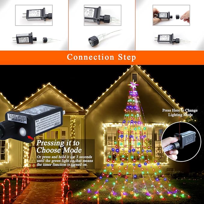 Christmas Decorations, Outdoor Christmas Lights, 320 LED Outdoor Christmas Tree String Lights with 12" Star Toppers [8 Modes& Waterproof] for Xmas New Year Holiday Decor (Dipper Multicolor)