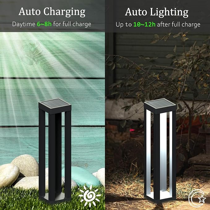 Outdoor Solar Floor Lamps, Modern Tall Lanterns for Patio, 2-Pack | 18.9-in black stainless steel lanterns with dusk-to-dawn solar power, IP65 waterproof and decorative downward lighting