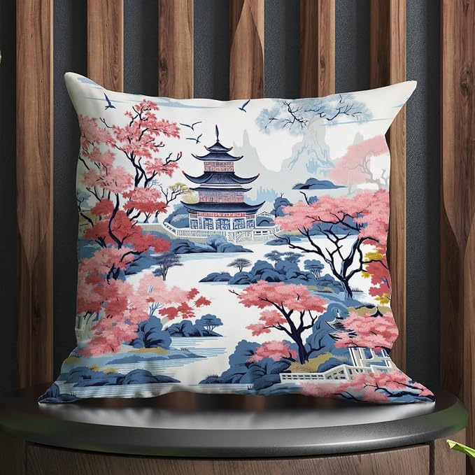 Throw Pillow Covers Chinoiserie Pagoda White Coral Blue Pillow Covers Abstract Chinoiserie Chic Asian Pillow Cover Accent Modern Decorative Pillow Covers for Patio Tent Couch 18x18 in