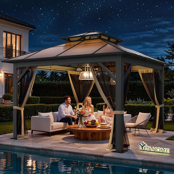 YITAHOME 10X12FT Polycarbonate Gazebo Outdoor Patio Double Top Canopy Galvanized Iron Aluminum Column Garden Tent Curtains Netting for Backyards Decks Lawns,Brown