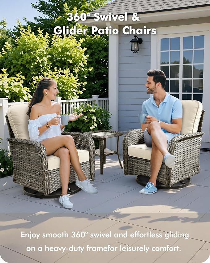 CAODOC 8-Piece Wicker Patio Furniture Set, All-Weather Rattan Conversation Bistro Loveseat Chair and Patio Rockers Set for Backyard, Balcony and Deck with Soft Cushions and Metal Table(Beige)