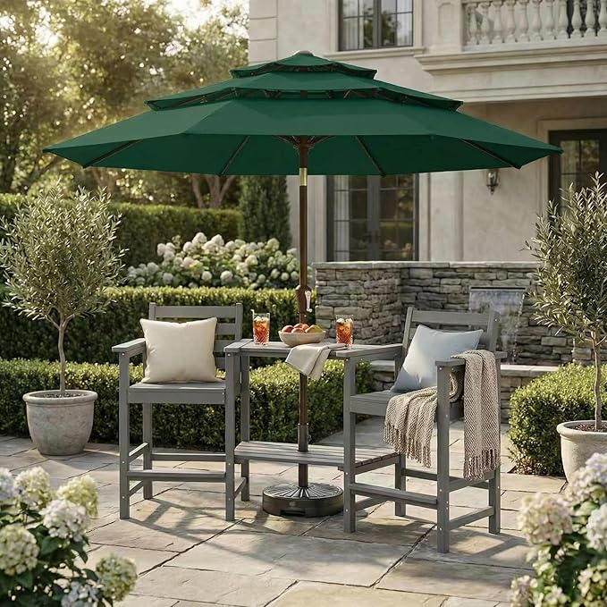Kingdura 9ft 3-Tier Patio Umbrella, Outdoor Table Umbrella with Easy Crank & Tilt, 8 Reinforced Ribs, UV Protection for Deck, Pool, Market, Backyard (Dark green)