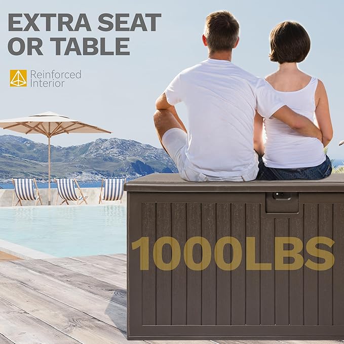 DWVO 260 Gallon Resin Outdoor Storage Box, XXL Double-Wall Waterproof Deck Box with Divider, Doubles as Table or Seating with 1000 lbs Capacity, Lockable (Brown)