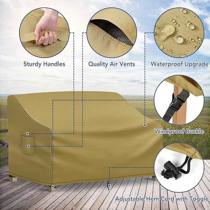 Richwon Outdoor Couch Cover Waterproof, 3-Seater Outdoor Sofa Cover, Patio Furniture Covers with Air Vent and Handles, 78W x 33D x 32H Inches, Khaki