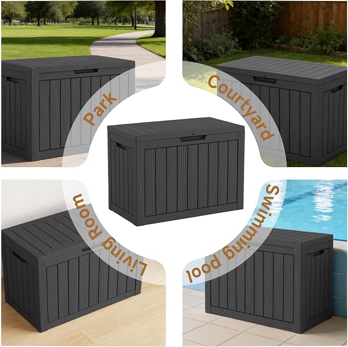 55 Gallon Outdoor Storage Box Waterproof, Small Resin Deck Box with Lockable Lid, UV-Resistant and Weatherproof Outside Storage Bin for Patio Cushions, Garden Tool, Pool Accessories, Furniture, Pillow