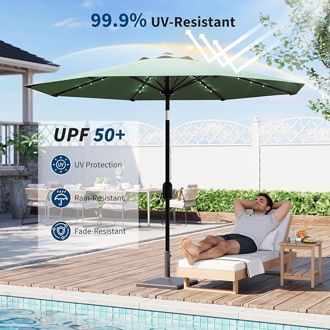 10 ft Patio Umbrella with Solar Lights, Outdoor LED Lighted Umbrella, 40 LED Lights & Tilt Crank, 8 Ribs for Poolside, Deck, Backyard
