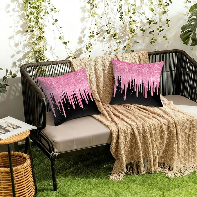 20x20 Inch Outdoor Pillow Covers Set of 2 Waterproof Throw Pillow Covers Decorative Couch Cushion Covers Pink Glitter Flow Square Pillowcases Protectors for Patio Garden Sofa