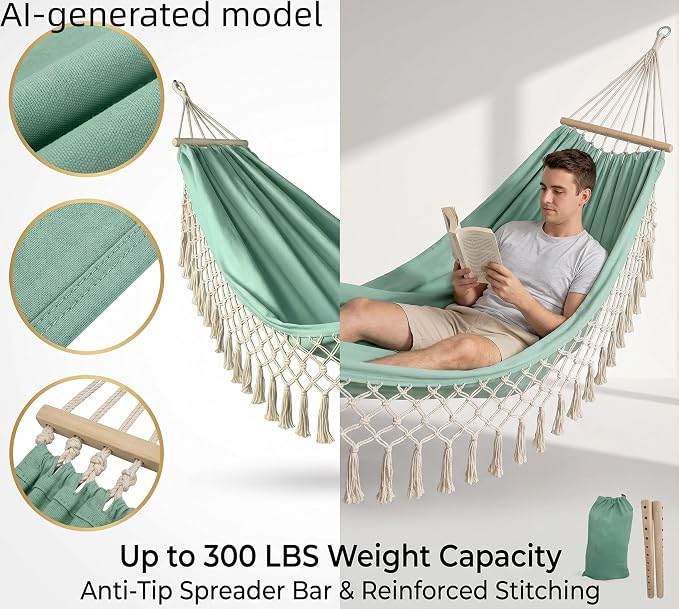 Bohemian Canvas Hammock with Tassels, Mint Green, 79"x39" | Soft Breathable Cotton Canvas Hammock,79x39in,2 Hanging Straps Wooden Bar;3 colors,compact for students renters dorm balcony