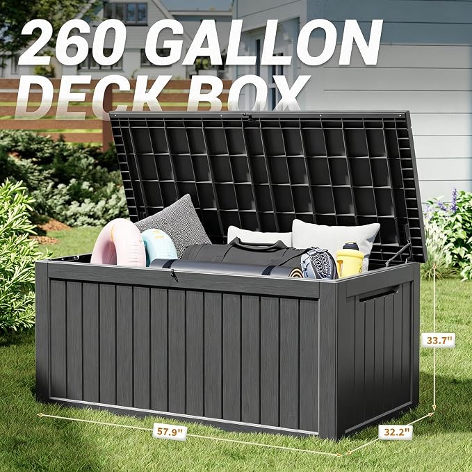 KAMABOKO 260 Gallon Outdoor Storage Box, Resin Deck Boxes Indoor and outdoor, Waterproof Storage Box Lockable Lid for Garden Tools, Package Delivery, Patio Cushions, Black