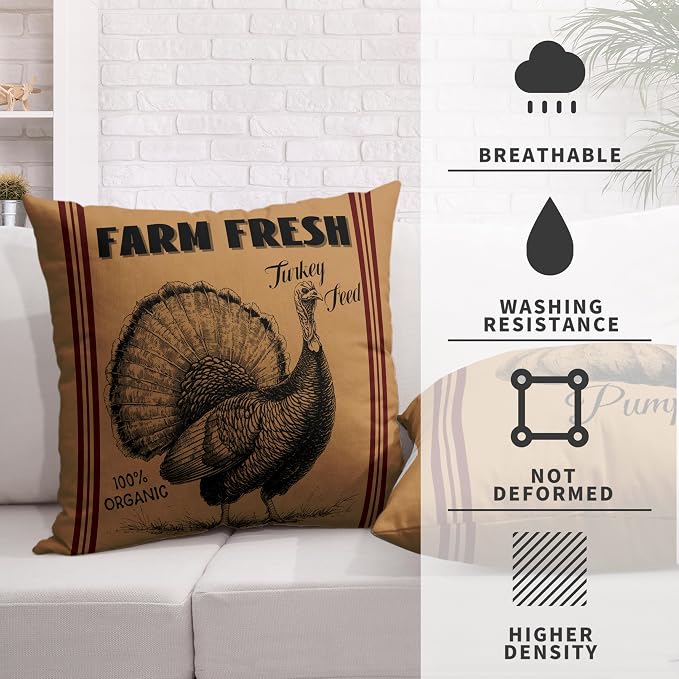 Fall Pillow Covers 24x24 Set of 2 Vintage Farmhouse Throw Pillow Covers Retro Farm Fresh Turkey Pumpkin Pillowcase Thanksgiving Cushion Case for Home Decor Couch Sofa