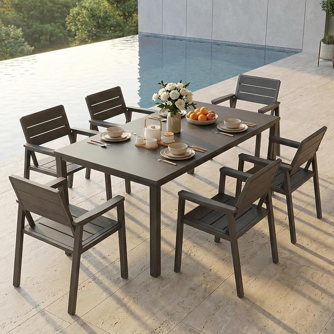 7 Piece Patio Dining Set for 6, Outdoor HDPE Table and Chairs with Umbrella Hole, All Weather Outdoor Furniture for Backyard, Deck, Lawn, Poolside, Grey